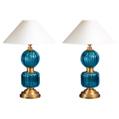 Coppia di lampade in vetro soffiato blu di Murano