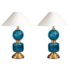 Retro Pair of Blue Blown Murano Glass Lamps