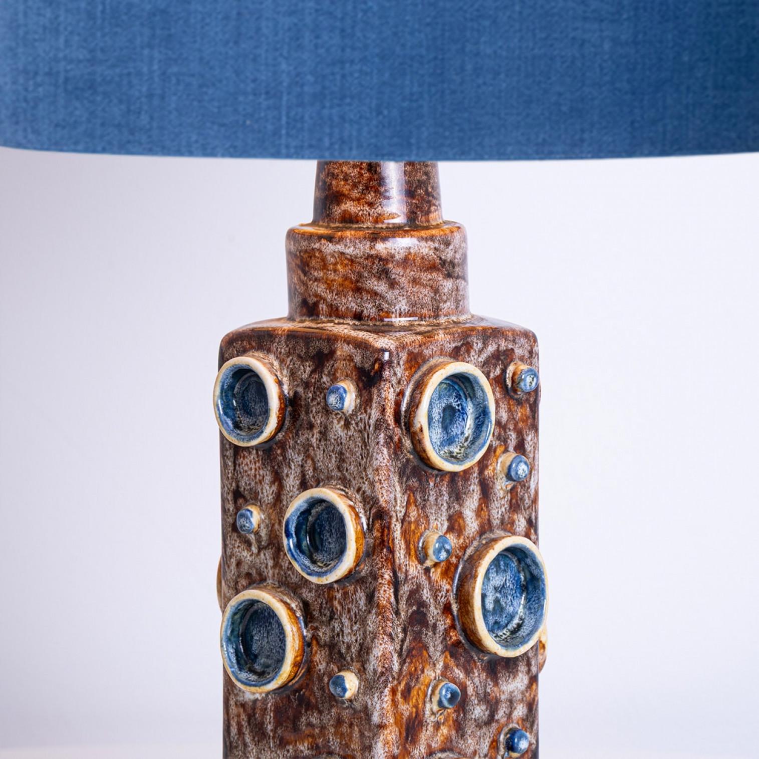 Mid-Century Modern Pair of Blue Braun Soholm Lamps with Silk Custom Made Lampshade René Houben For Sale
