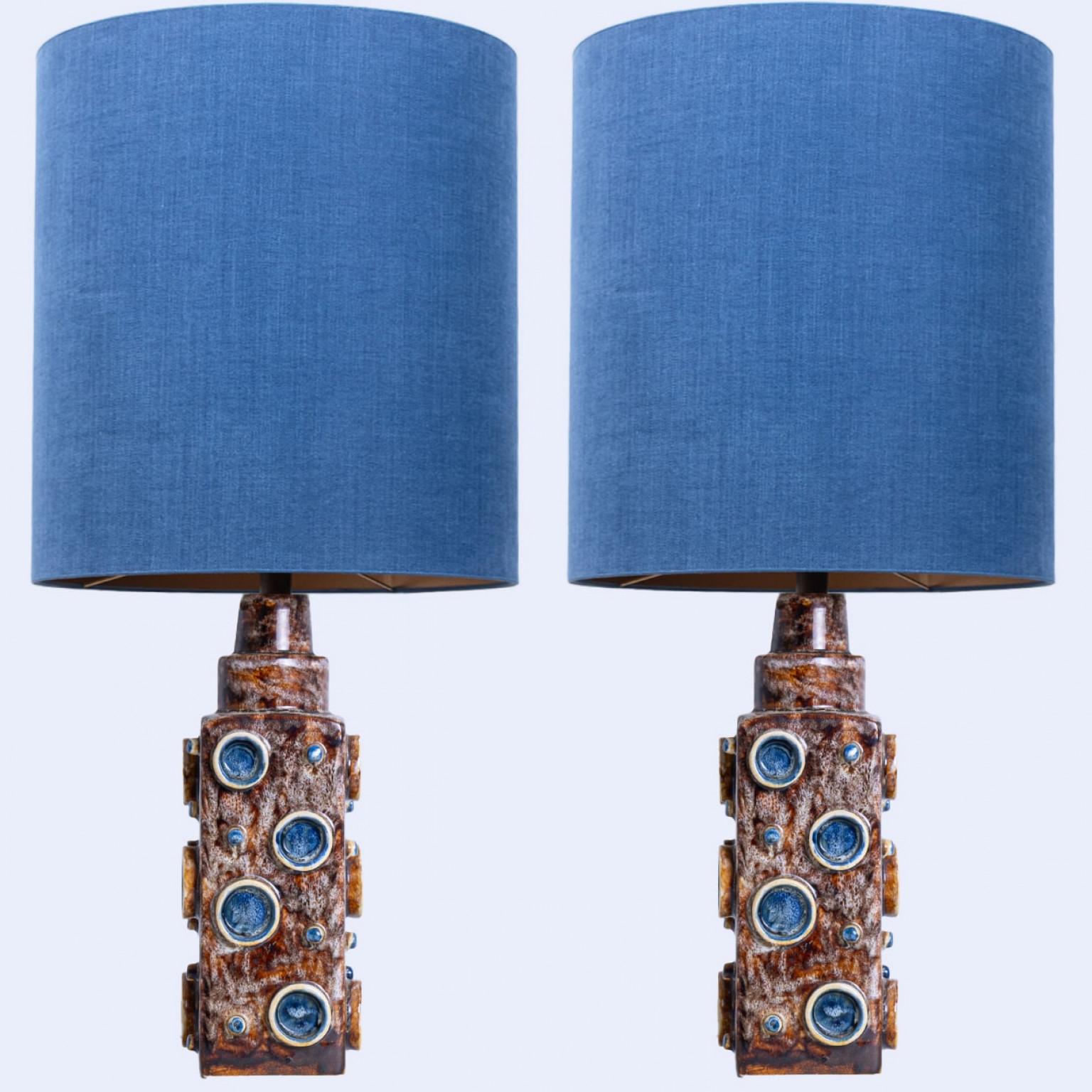 Danish Pair of Blue Braun Soholm Lamps with Silk Custom Made Lampshade René Houben For Sale