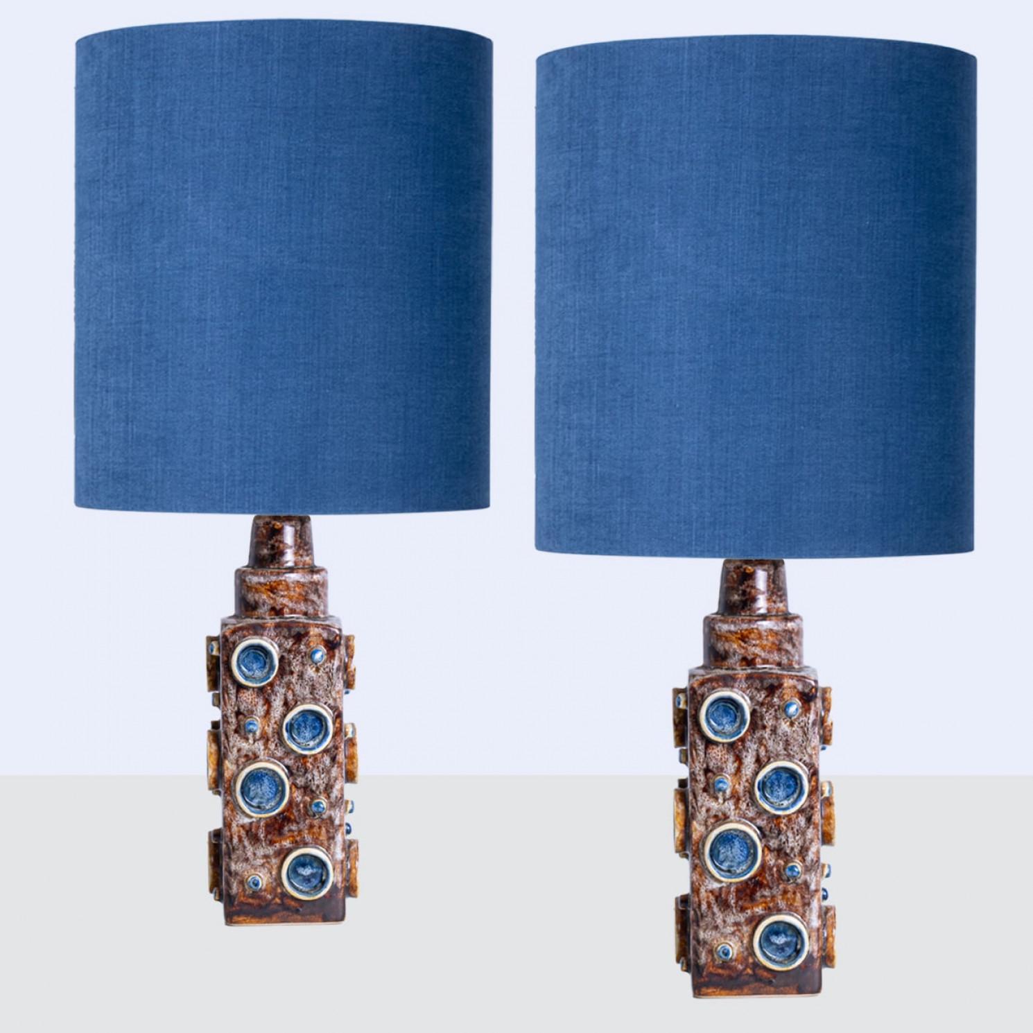 20th Century Pair of Blue Braun Soholm Lamps with Silk Custom Made Lampshade René Houben For Sale