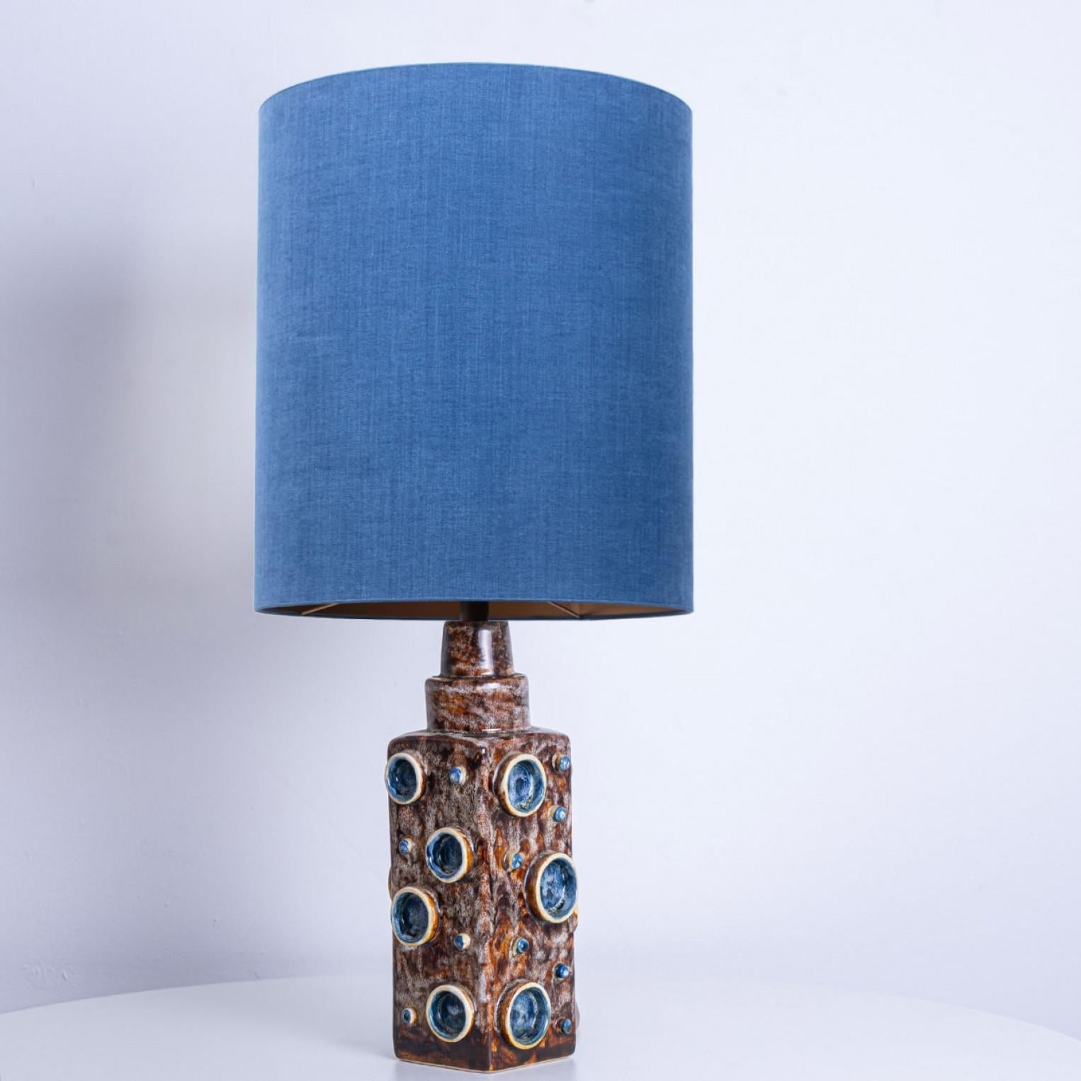 Ceramic Pair of Blue Braun Soholm Lamps with Silk Custom Made Lampshade René Houben For Sale