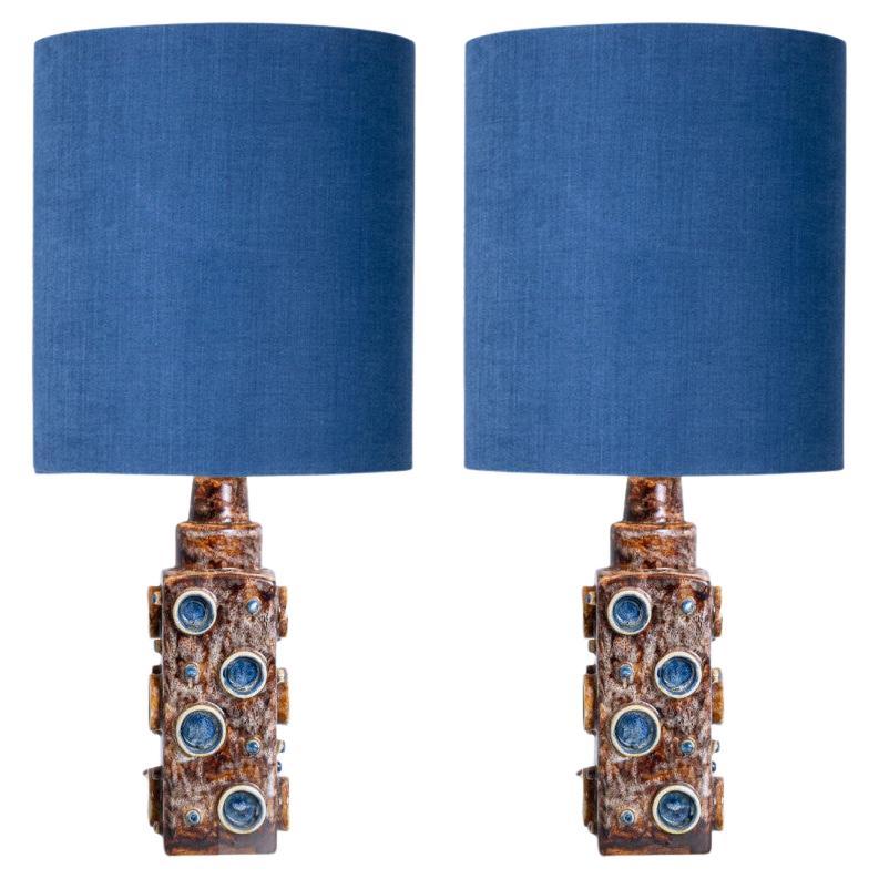 Pair of Blue Braun Soholm Lamps with Silk Custom Made Lampshade René Houben For Sale