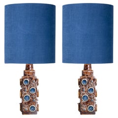 Pair of Blue Braun Soholm Lamps with Silk Custom Made Lampshade René Houben