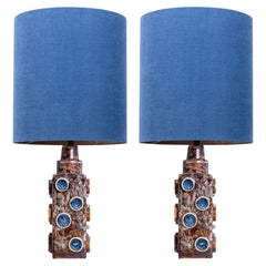 Pair of Blue Braun Soholm Lamps with Silk Custom Made Lampshade René Houben