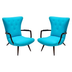 Pair of Blue Brazilian Paulistana Wood Armchairs in the Style of Scapinelli