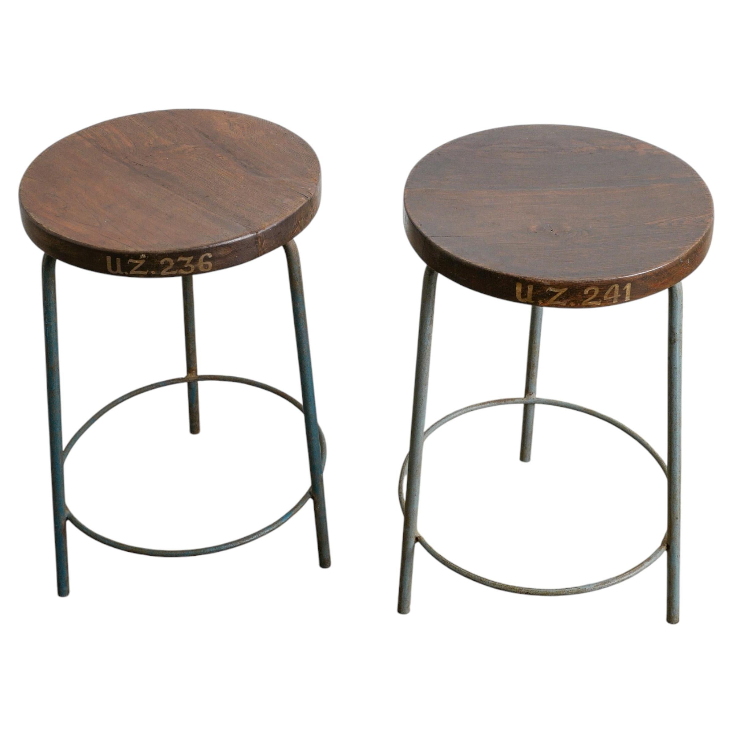 Pair of Blue Brown Mid Century Pierre Jeanneret Teak & Iron Bar Stools, 1950s For Sale