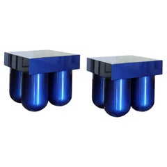 Paar blau geschnitzte Wood Set No. 5 Tische von Müsing-Sellés