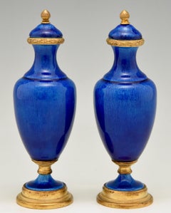 Pair of Blue Ceramic and Bronze Vases or Urns Paul Milet for Sèvres, circa 1900