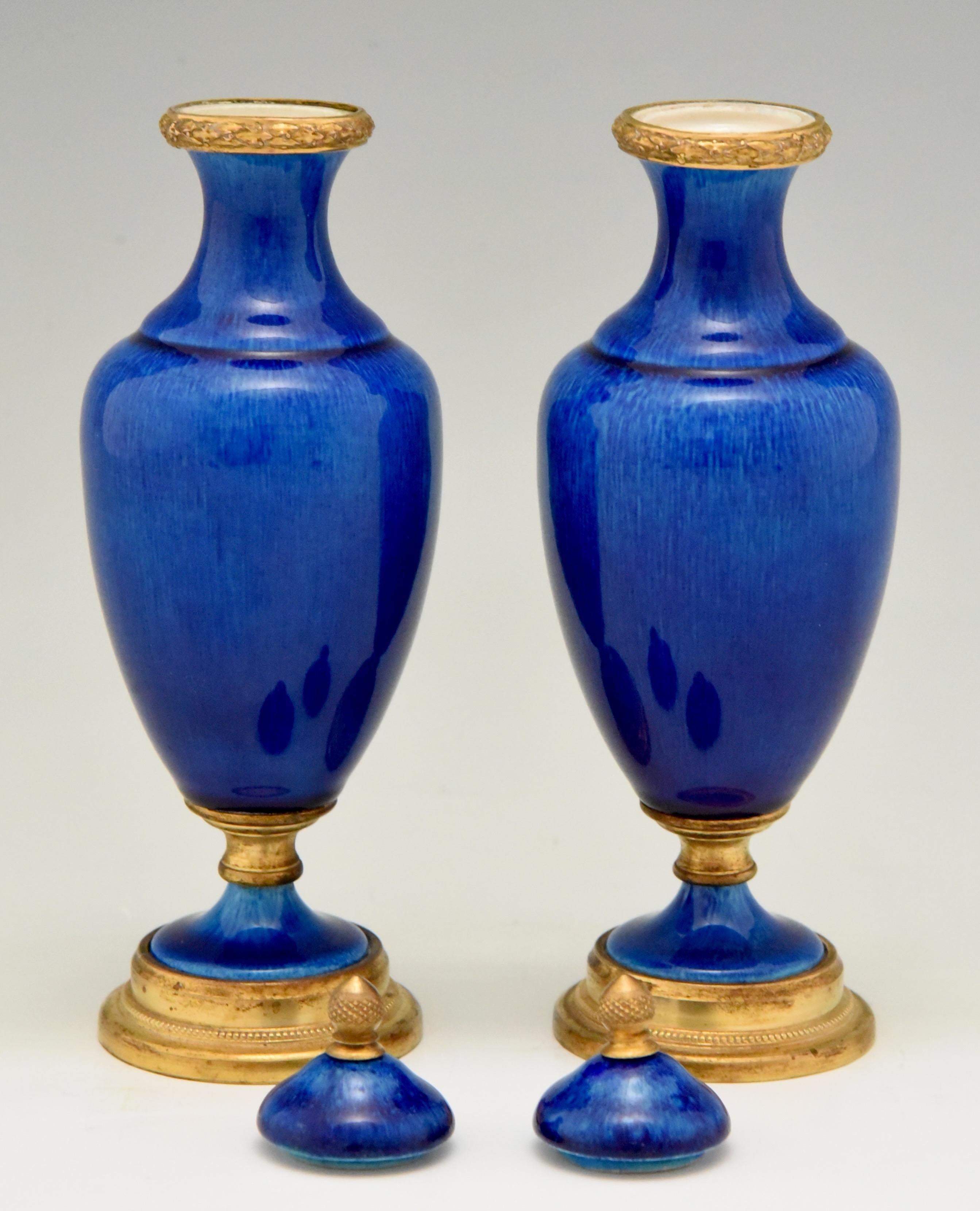 Neoclassical Pair of Blue Ceramic and Bronze Vases or Urns Paul Milet for Sèvres, circa 1900