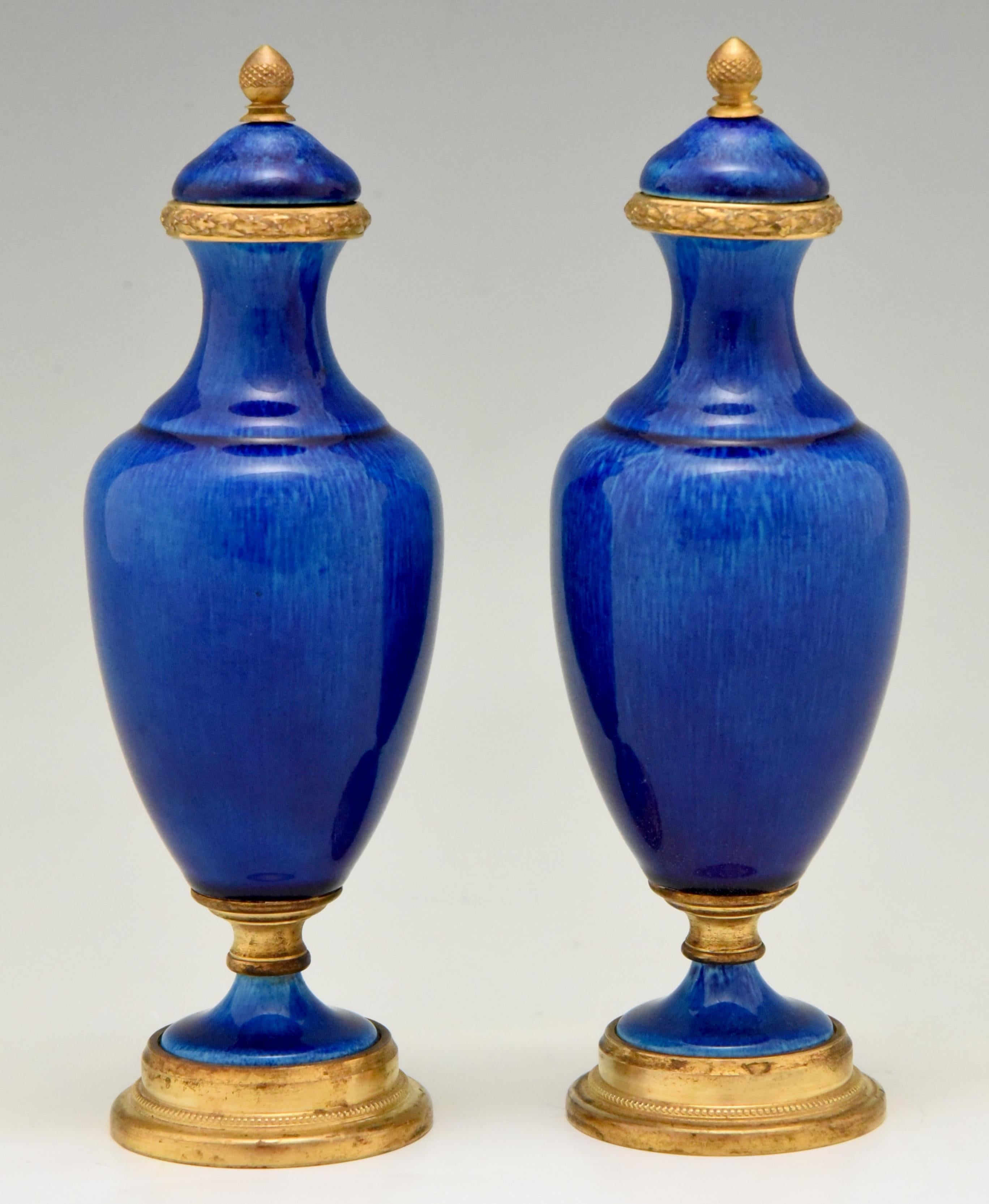 French Pair of Blue Ceramic and Bronze Vases or Urns Paul Milet for Sèvres, circa 1900