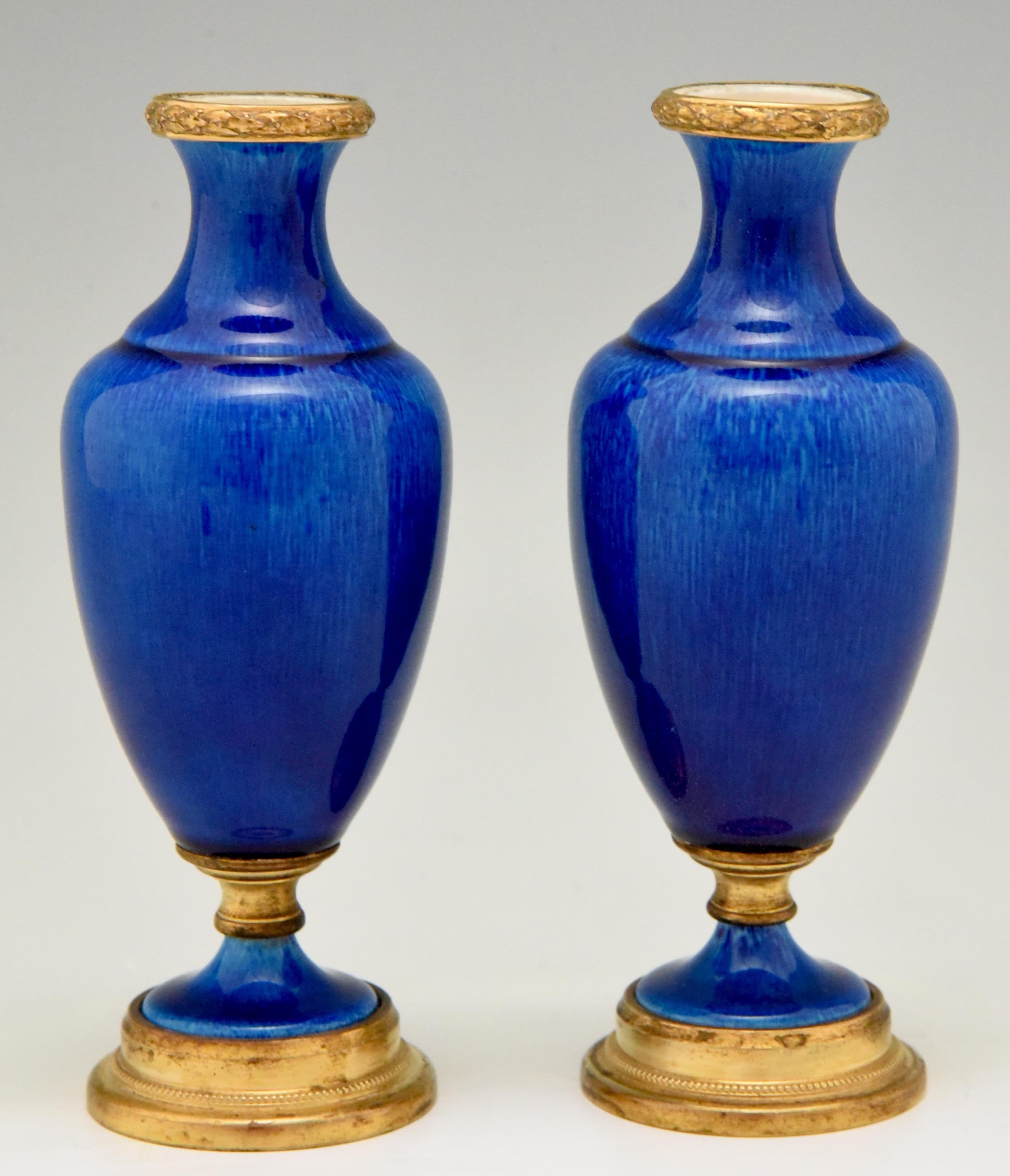 Pair of Blue Ceramic and Bronze Vases or Urns Paul Milet for Sèvres, circa 1900 In Good Condition In Antwerp, BE