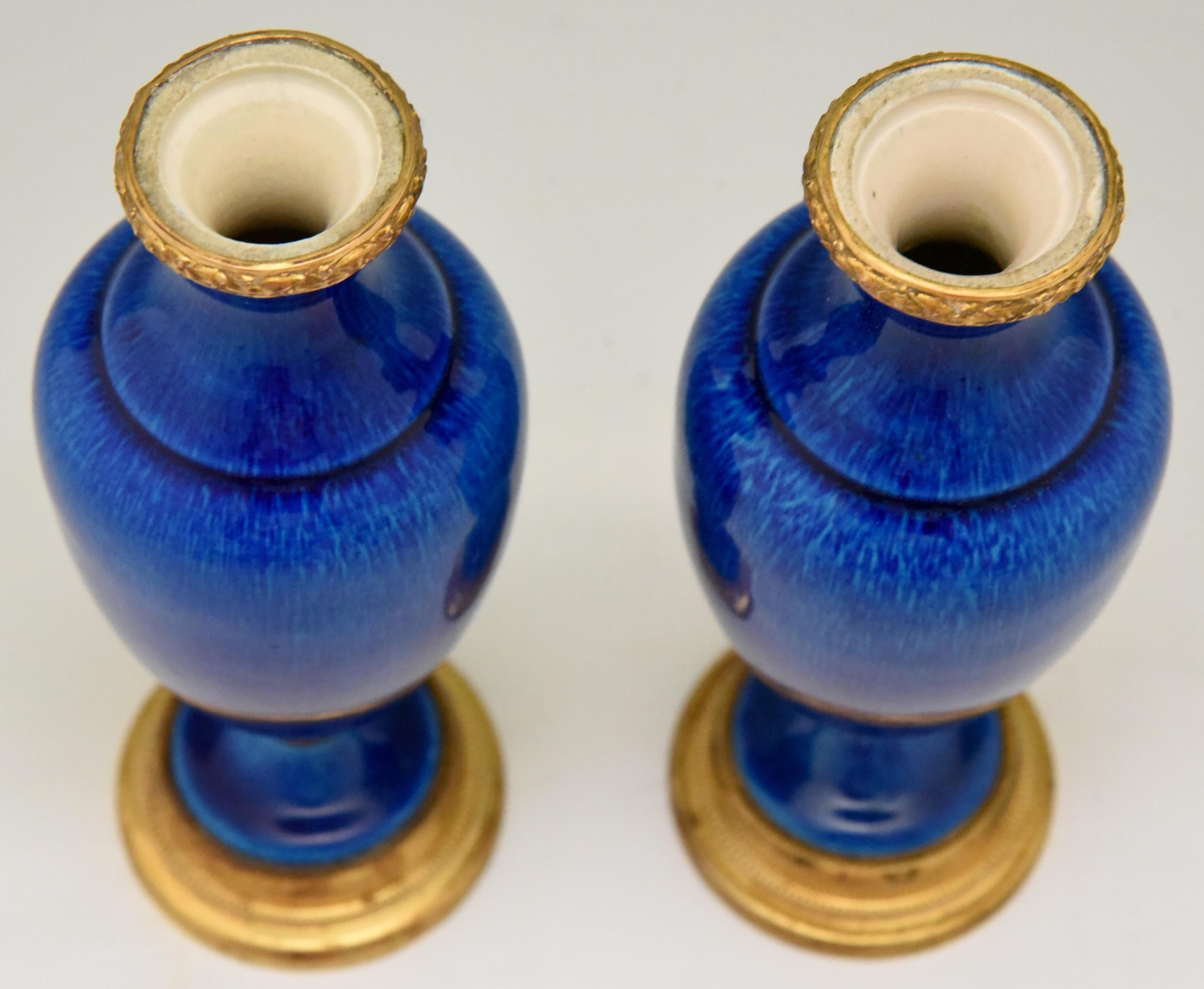 20th Century Pair of Blue Ceramic and Bronze Vases or Urns Paul Milet for Sèvres, circa 1900