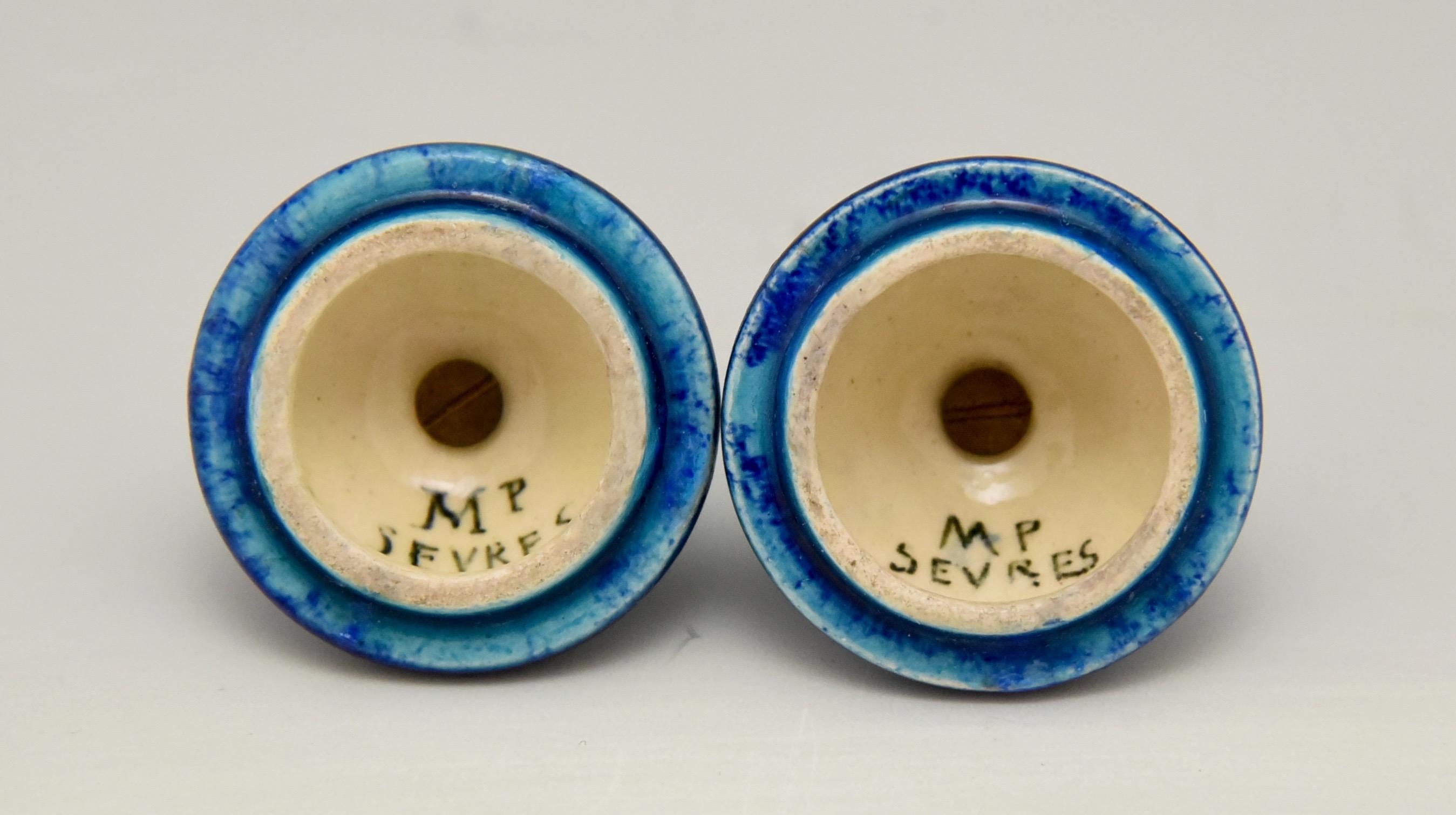 Pair of Blue Ceramic and Bronze Vases or Urns Paul Milet for Sèvres, circa 1900 1