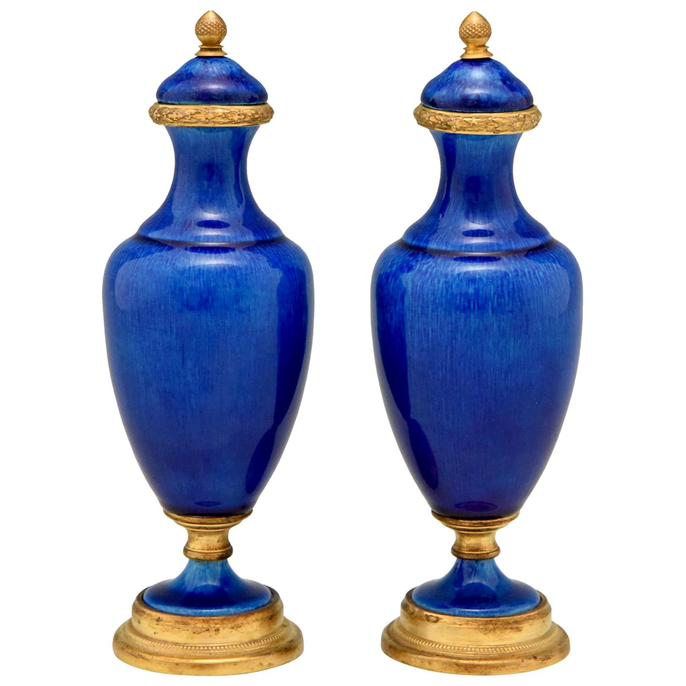 Pair of Blue Ceramic and Bronze Vases or Urns Paul Milet for Sèvres, circa 1900