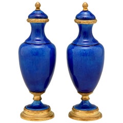 Antique Pair of Blue Ceramic and Bronze Vases or Urns Paul Milet for Sèvres, circa 1900