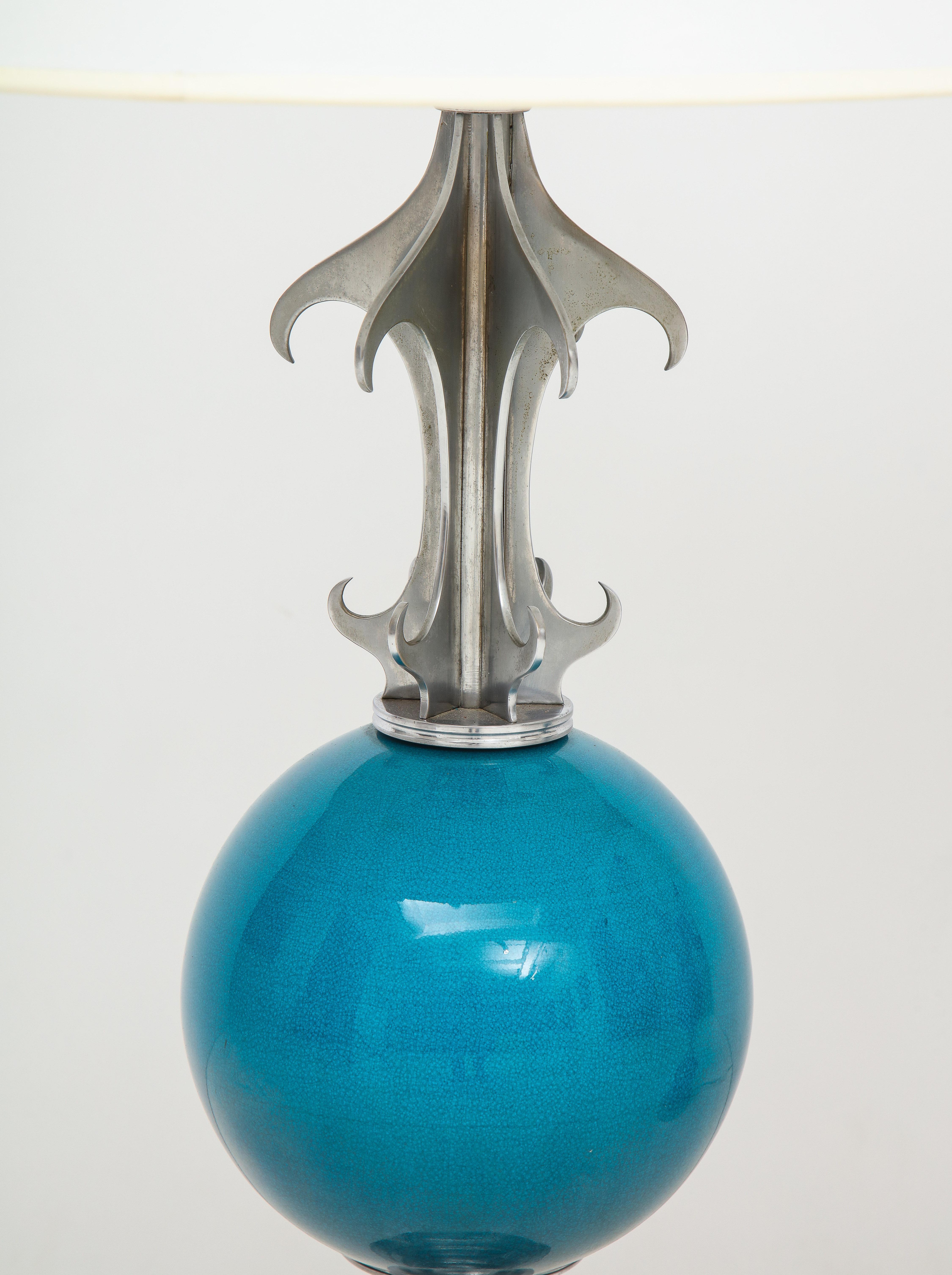 Pair of Blue Ceramic and Nickel-Plated Metal Table Lamps For Sale 9