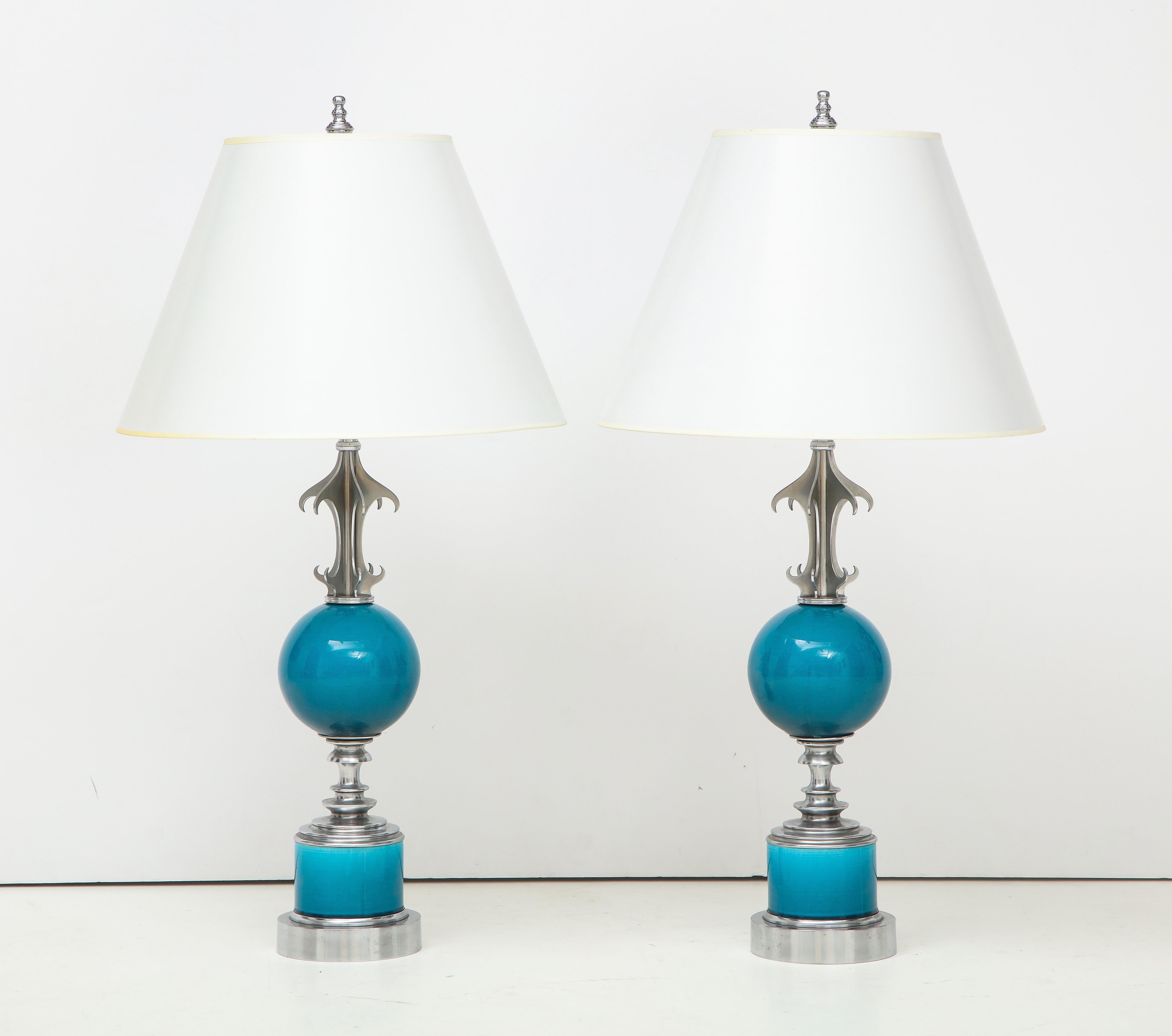 Pair of Blue Ceramic and Nickel-Plated Metal Table Lamps For Sale 10