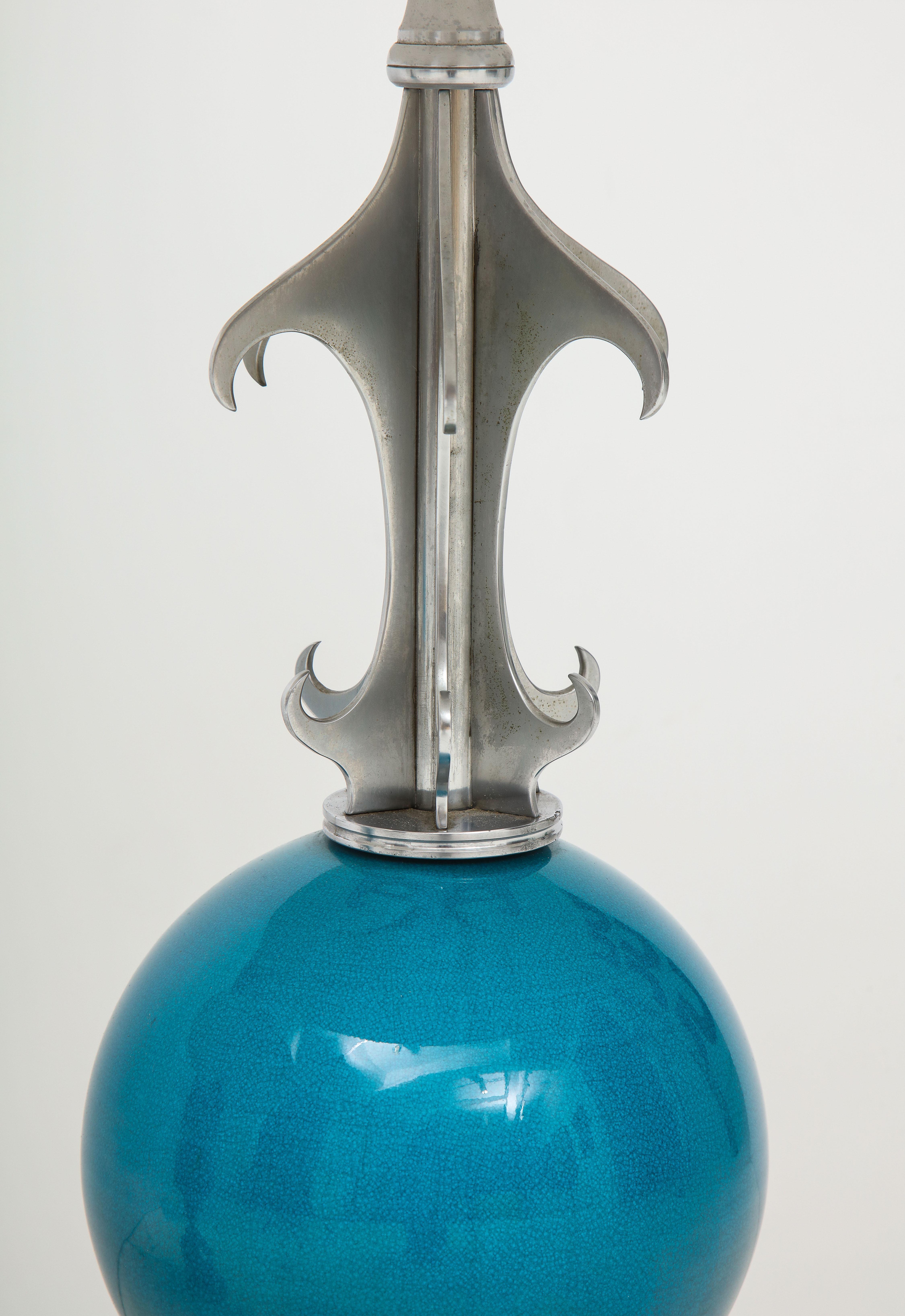 20th Century Pair of Blue Ceramic and Nickel-Plated Metal Table Lamps For Sale