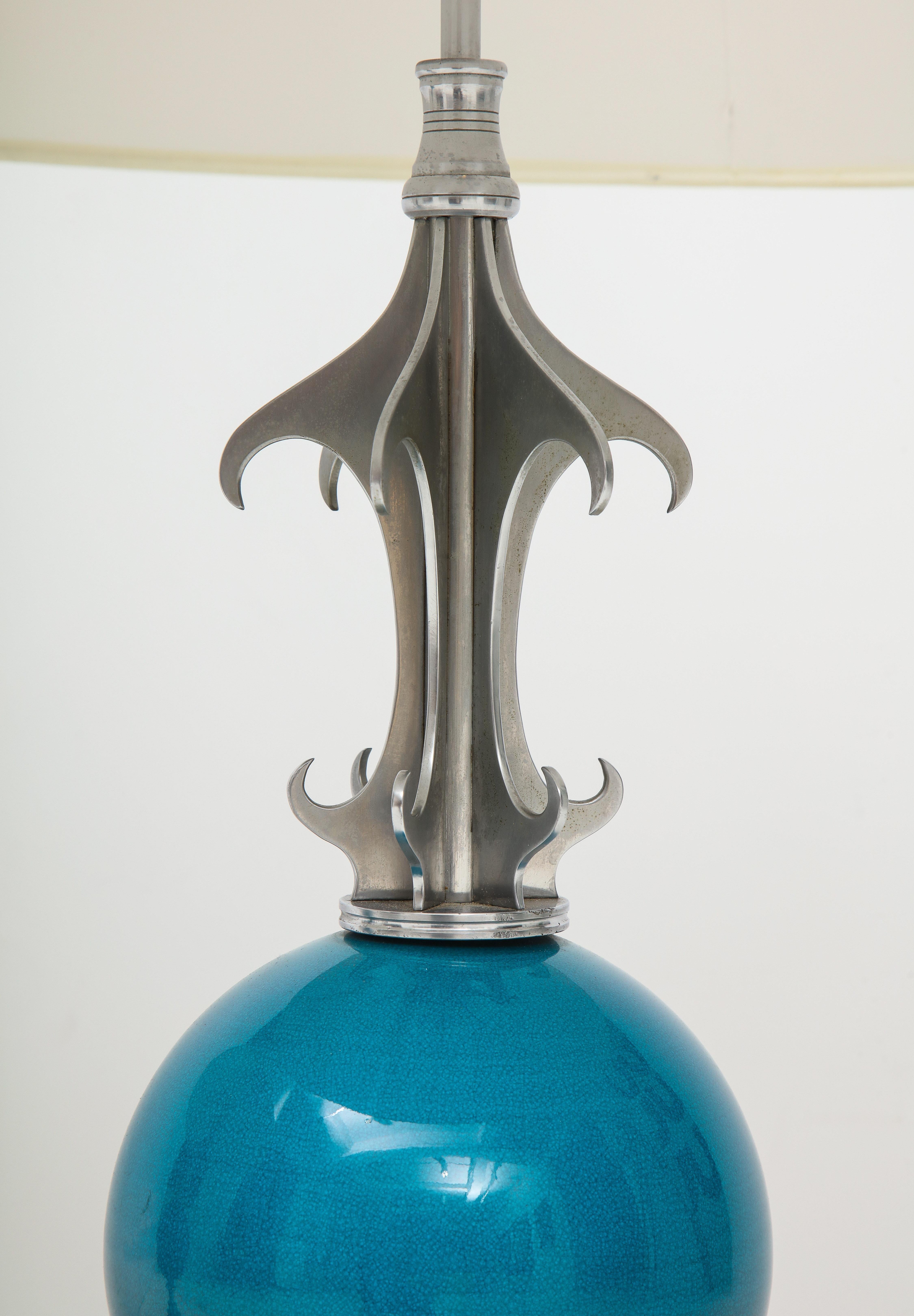 Pair of Blue Ceramic and Nickel-Plated Metal Table Lamps For Sale 3