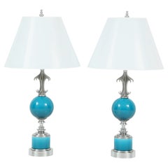 Pair of Blue Ceramic and Nickel-Plated Metal Table Lamps