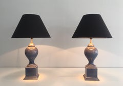 Pair of Blue Ceramic Baluster Table Lamps, French, circa 1970