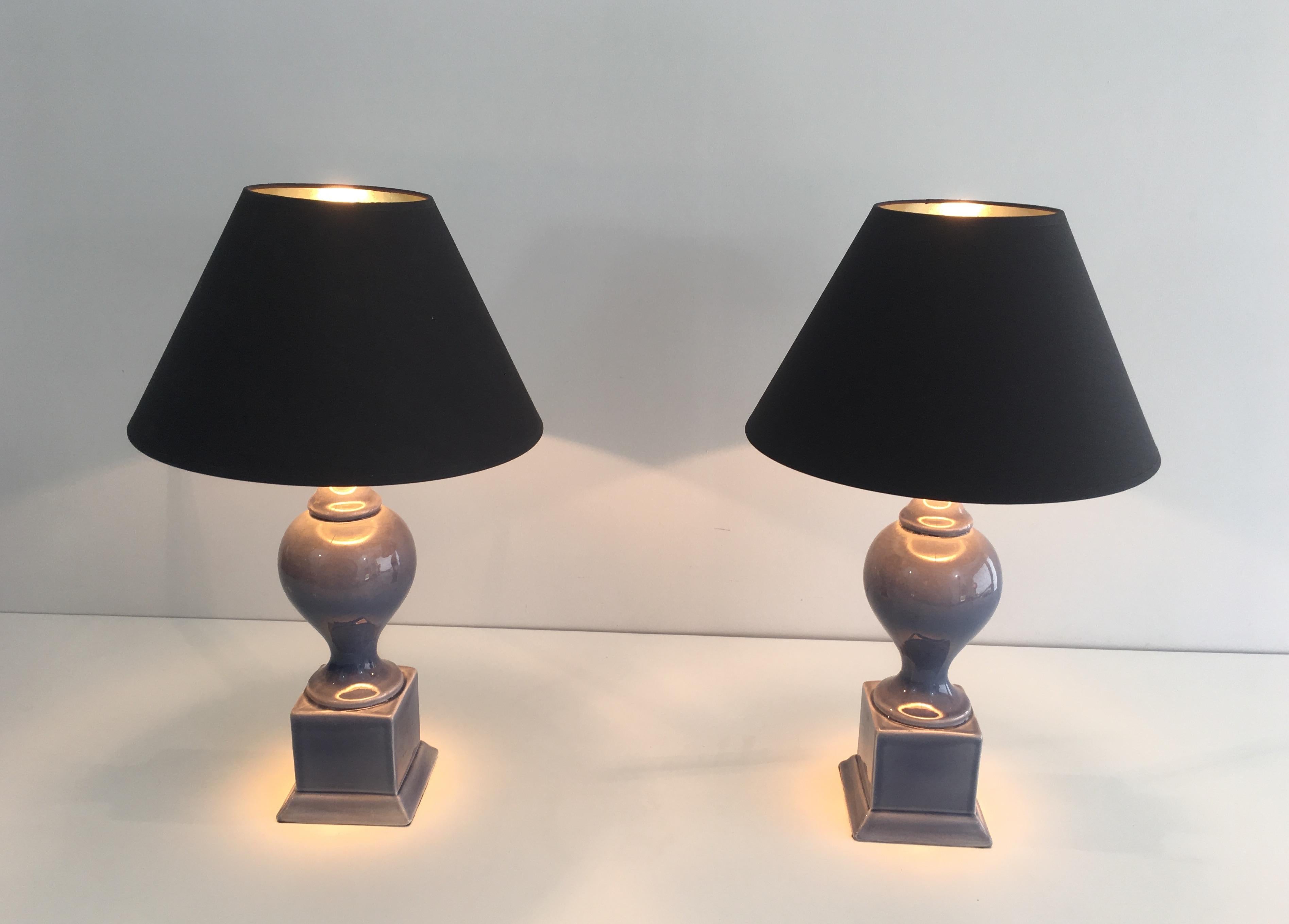 Mid-Century Modern Pair of Blue Ceramic Baluster Table Lamps, French, circa 1970 For Sale