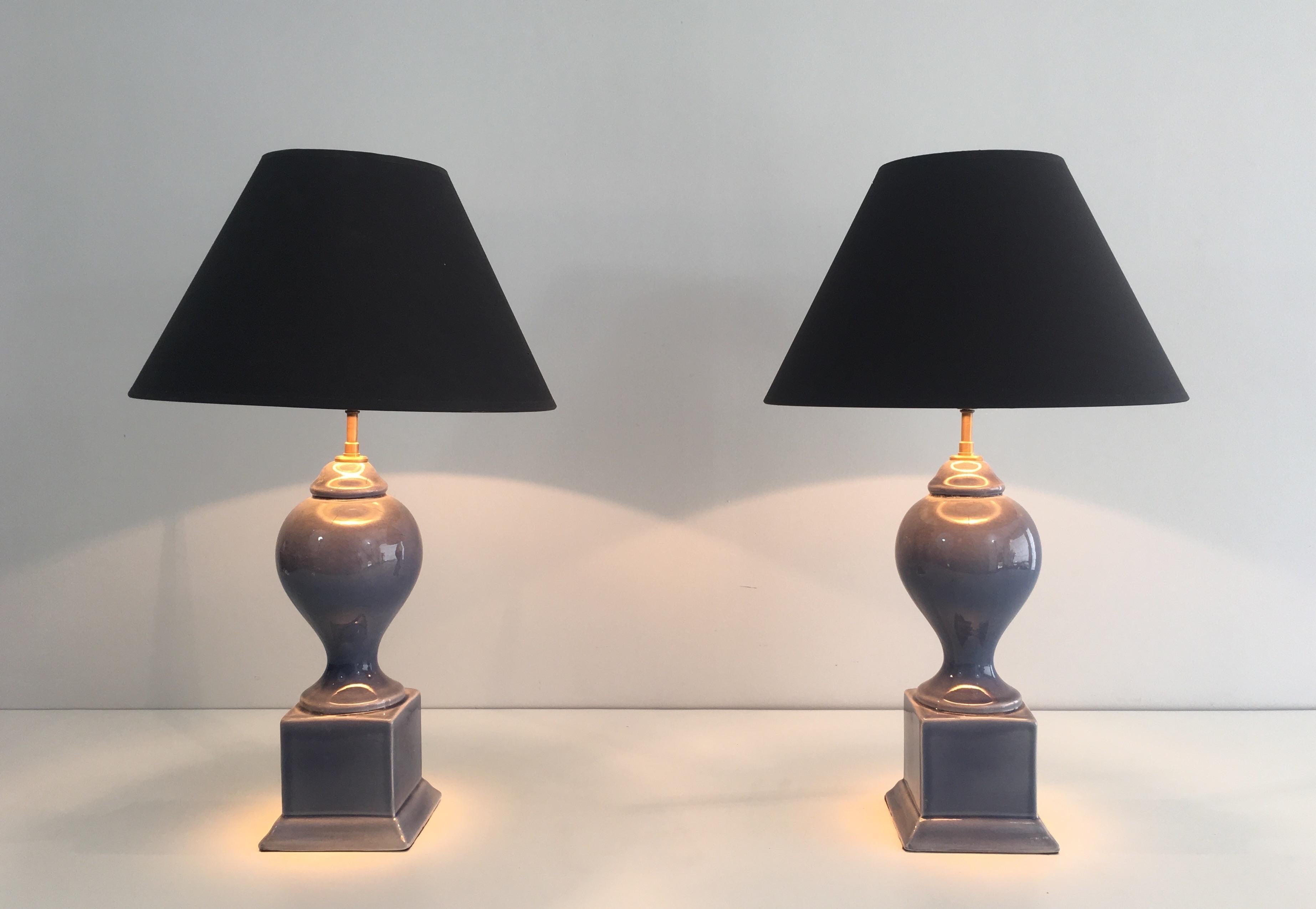 Pair of Blue Ceramic Baluster Table Lamps, French, circa 1970 For Sale 3