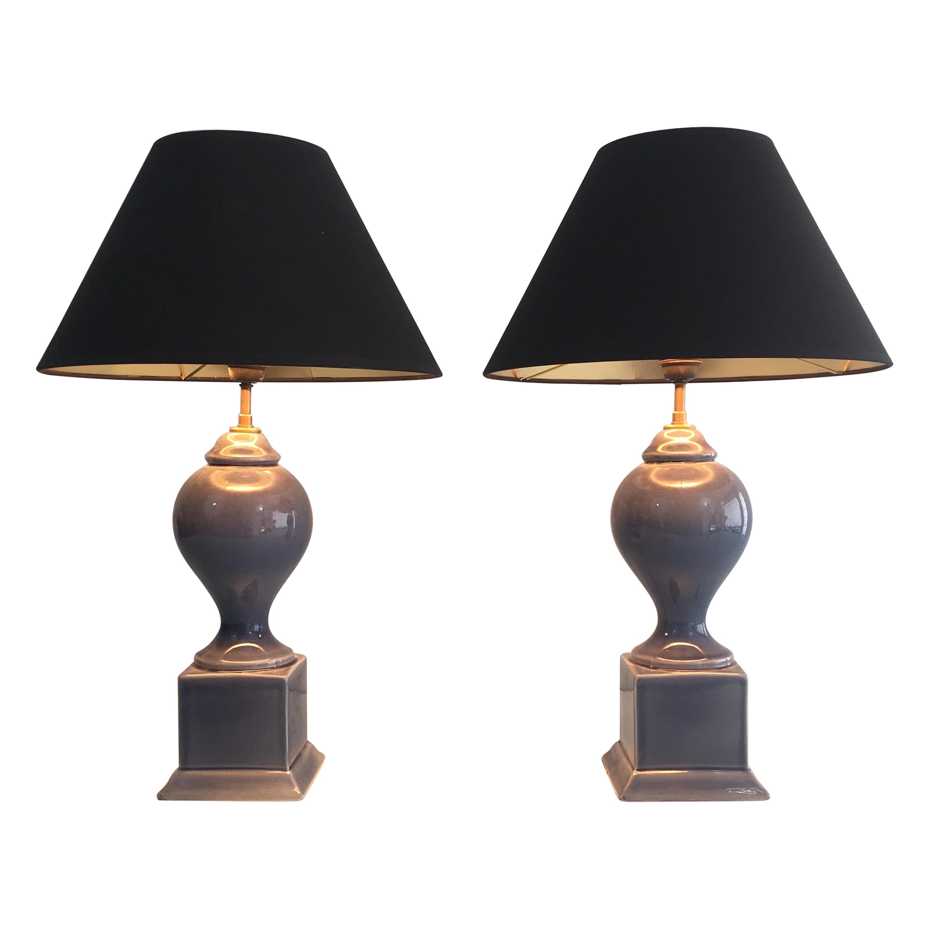 Pair of Blue Ceramic Baluster Table Lamps, French, circa 1970 For Sale