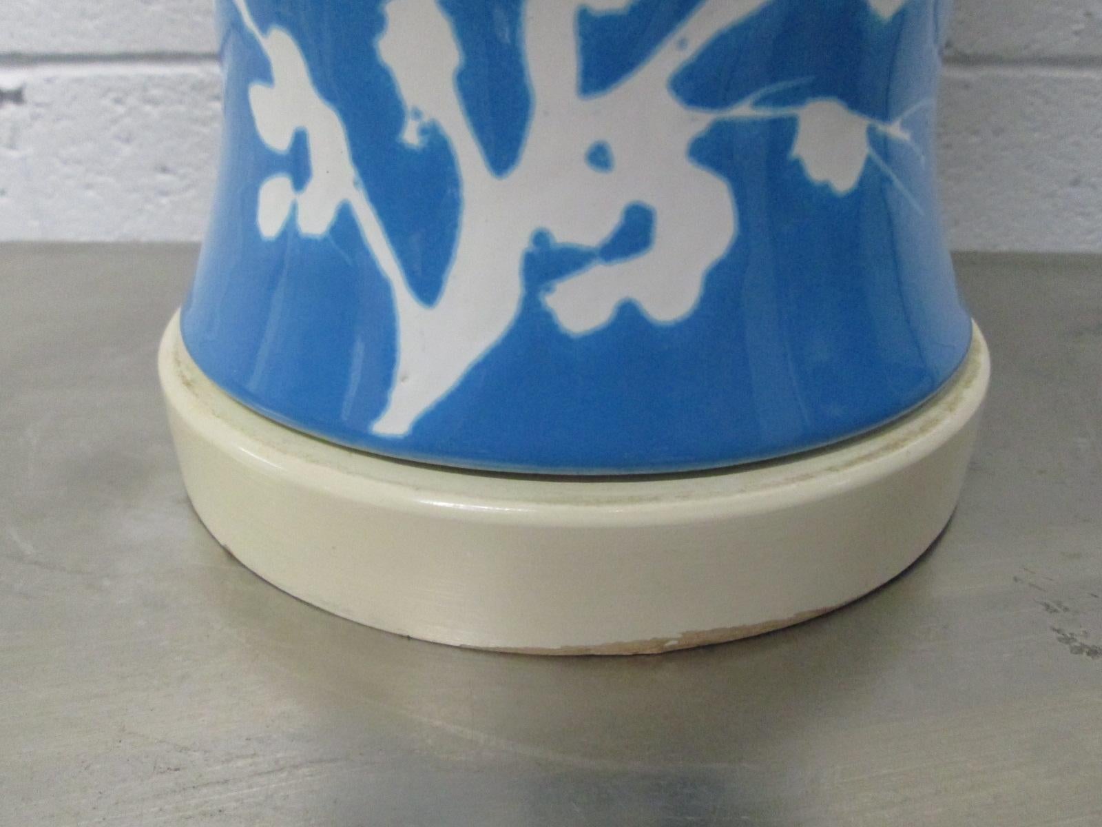 Mid-Century Modern Pair of Blue Ceramic Floral Lamps