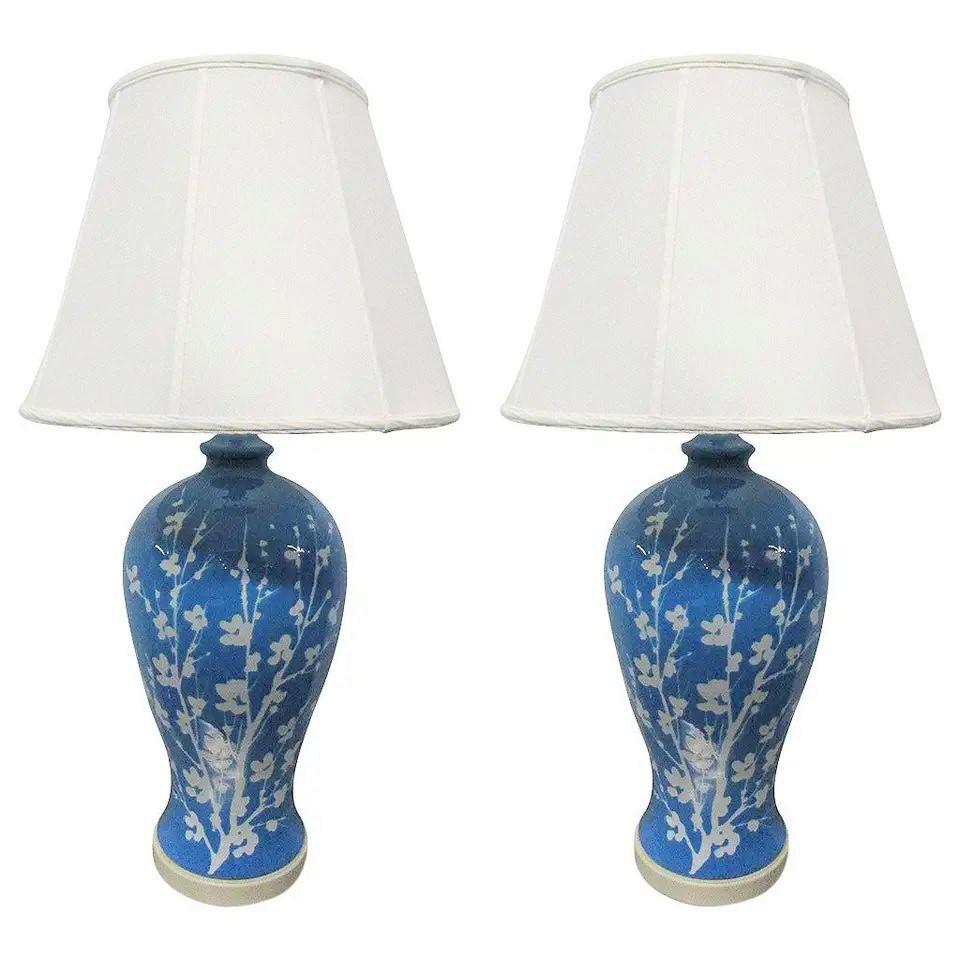 Pair of Blue Ceramic Floral Lamps For Sale