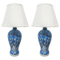 Pair of Blue Ceramic Floral Lamps