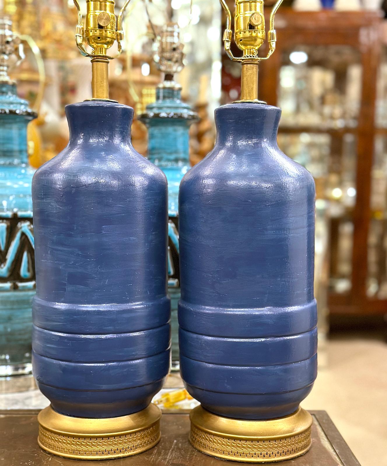 Pair of Blue Ceramic lamps In Good Condition For Sale In New York, NY