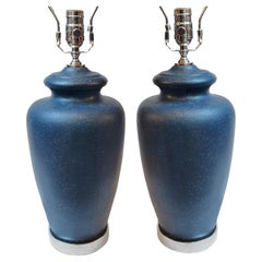 Retro Pair of Blue Ceramic Lamps