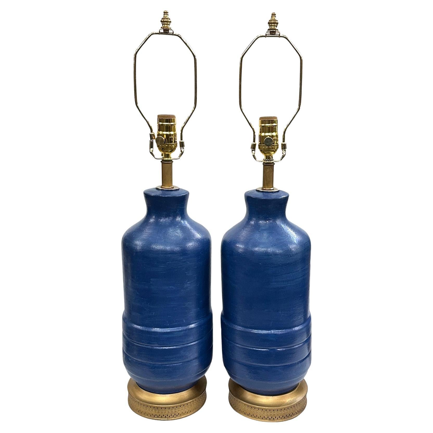 Pair of Blue Ceramic lamps For Sale