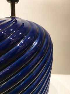 Pair of Blue Ceramic Spiral Table Lamps Designed by Tommaso Barbi, Italy