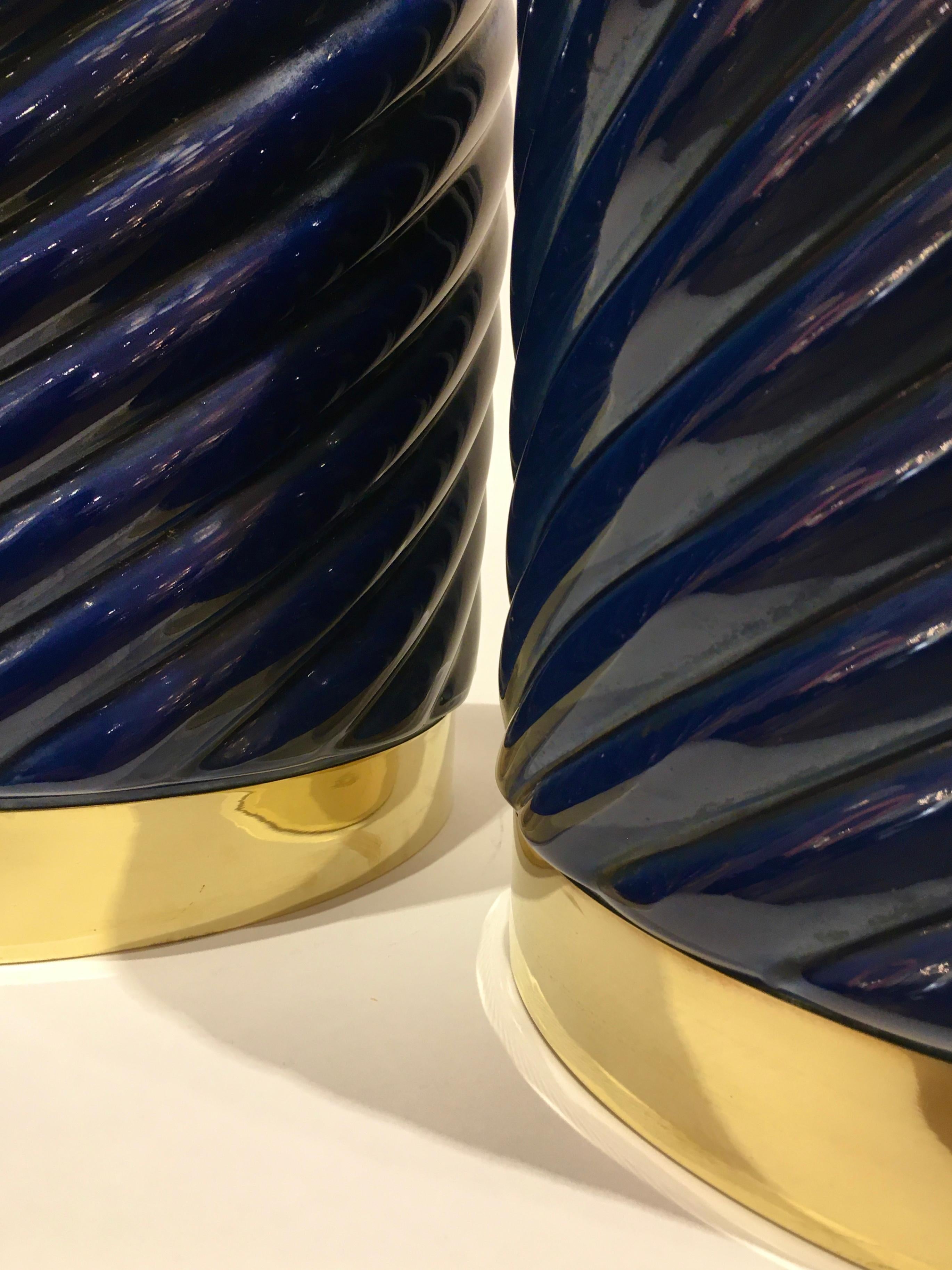 Mid-Century Modern Pair of Blue Ceramic Spiral Table Lamps Designed by Tommaso Barbi, Italy