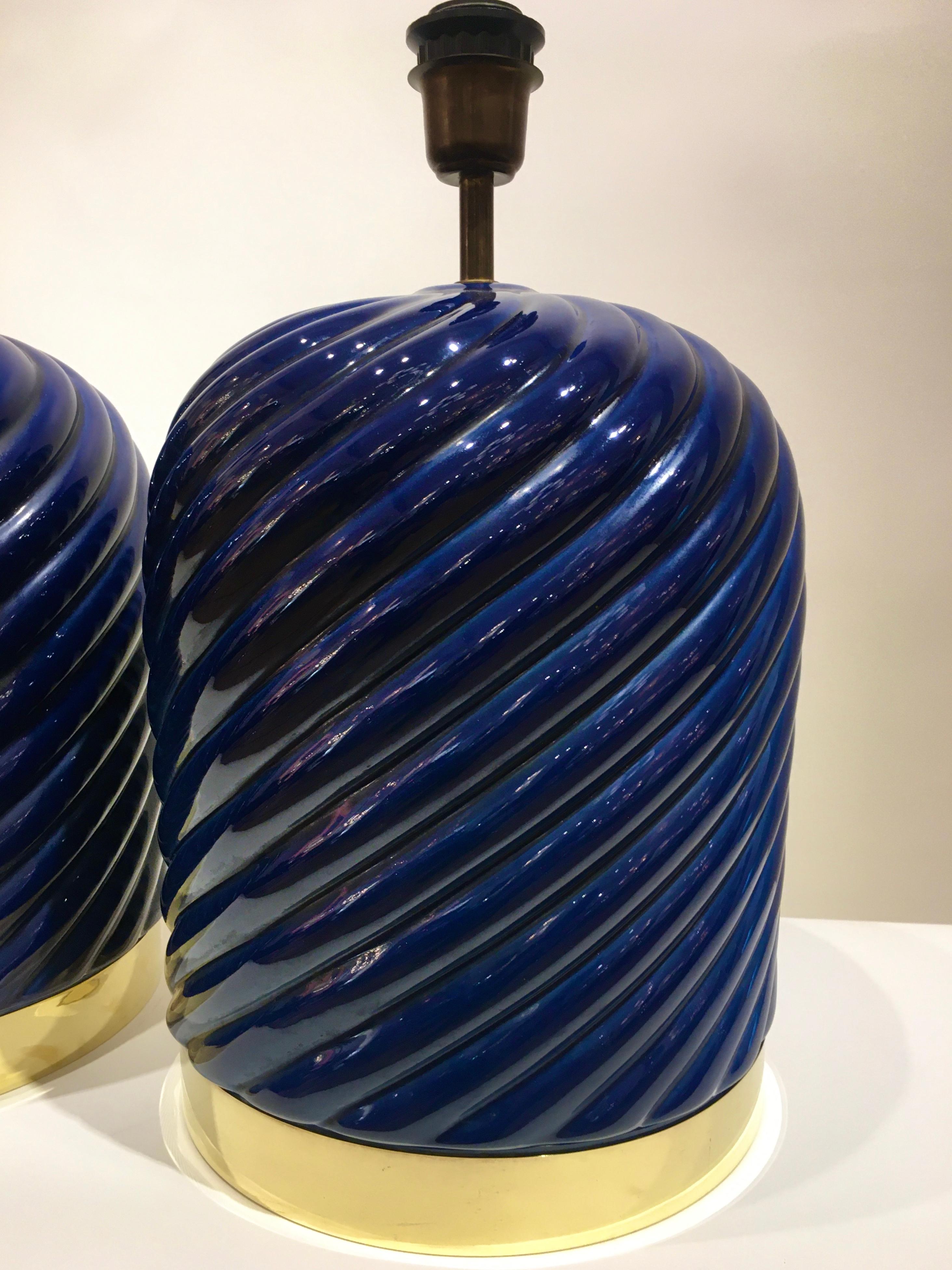 Italian Pair of Blue Ceramic Spiral Table Lamps Designed by Tommaso Barbi, Italy