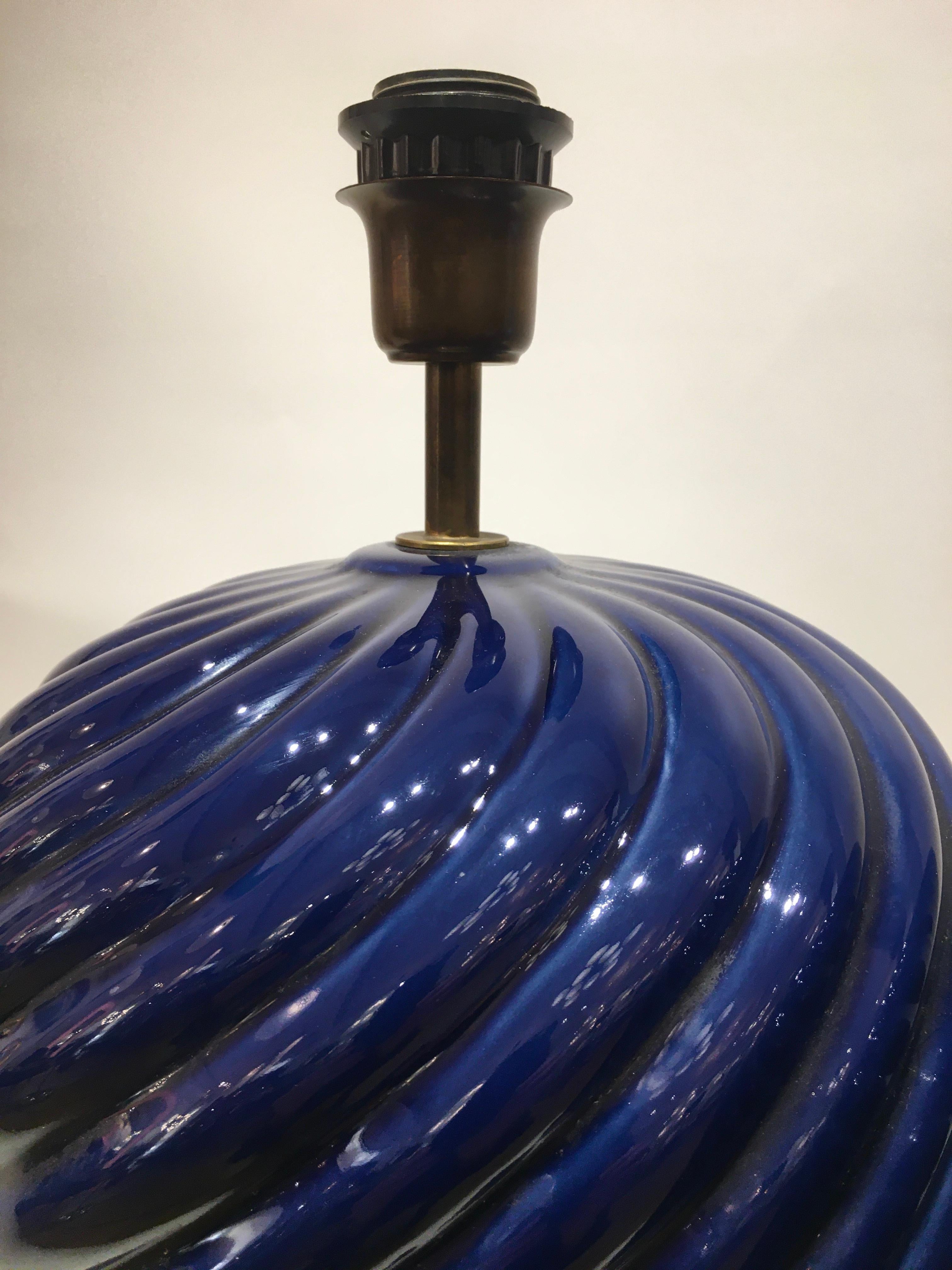 Late 20th Century Pair of Blue Ceramic Spiral Table Lamps Designed by Tommaso Barbi, Italy