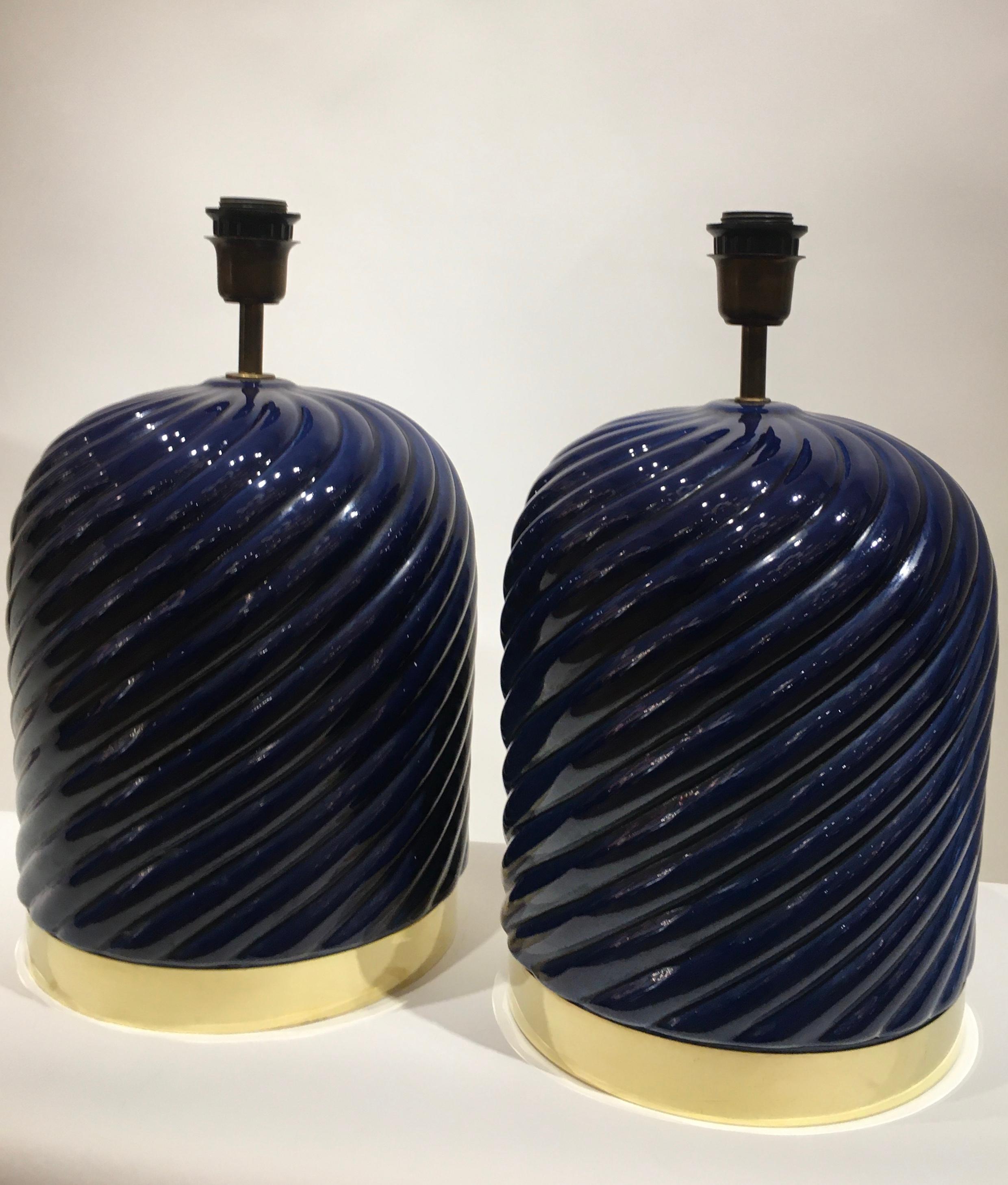 Pair of Blue Ceramic Spiral Table Lamps Designed by Tommaso Barbi, Italy 1