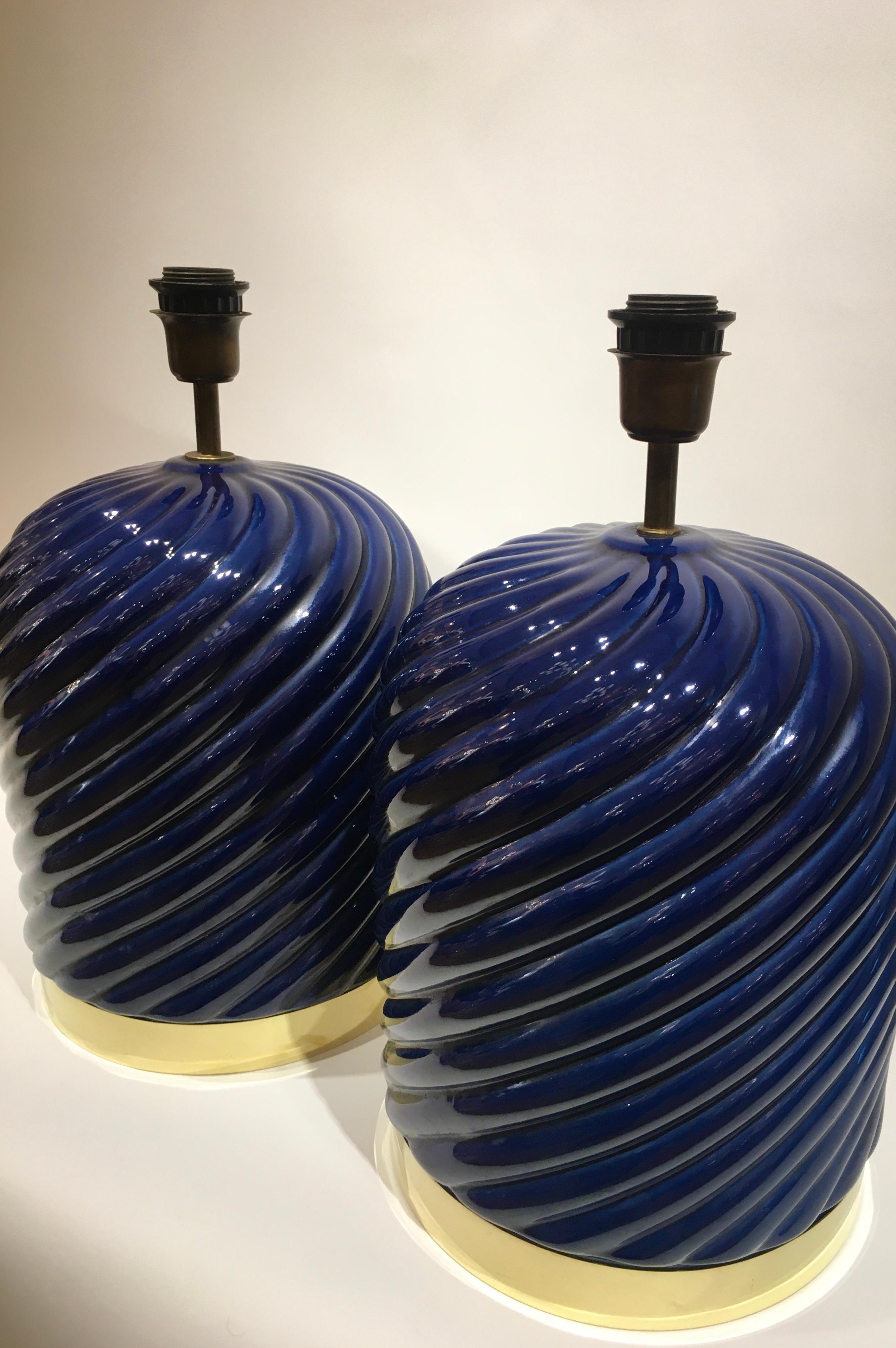 Pair of Blue Ceramic Spiral Table Lamps Designed by Tommaso Barbi, Italy 2