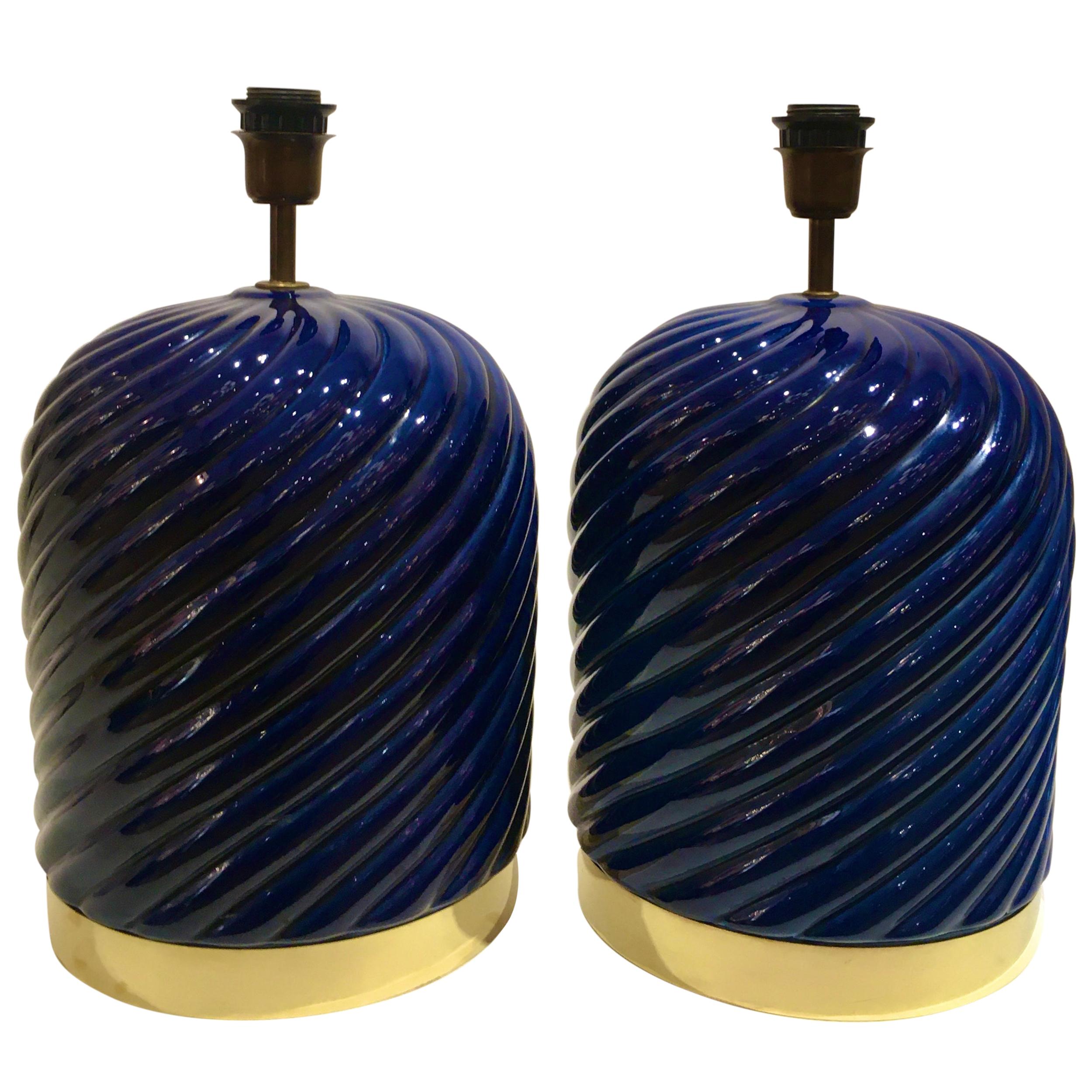 Pair of Blue Ceramic Spiral Table Lamps Designed by Tommaso Barbi, Italy