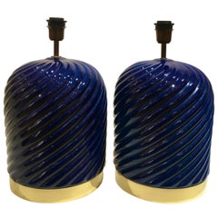 Pair of Blue Ceramic Spiral Table Lamps Designed by Tommaso Barbi, Italy