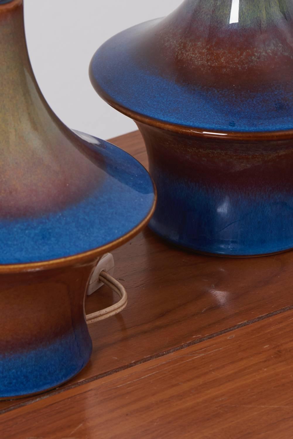 Danish Pair of Blue Ceramic Table Lamps by Soholm, Denmark, 1960s