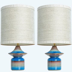Pair of Blue Ceramic Table Lamps by Soholm, Silk Lampshade, Denmark 1960s
