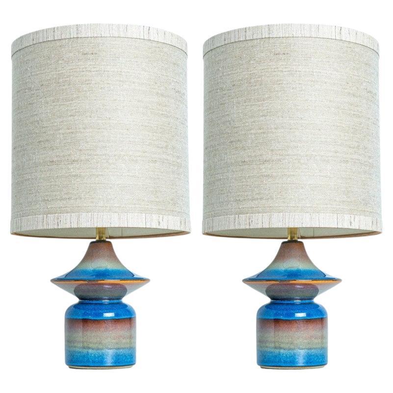 Pair of Blue Ceramic Table Lamps by Soholm, Silk Lampshade, Denmark 1960s en venta