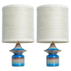 Pair of Blue Ceramic Table Lamps by Soholm, Silk Lampshade, Denmark 1960s