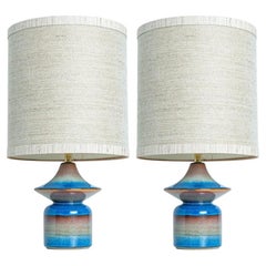 Paar blaue Keramik-Tischlampen von Soholm, Lampenschirm aus Seide, Dänemark 1960er Jahre