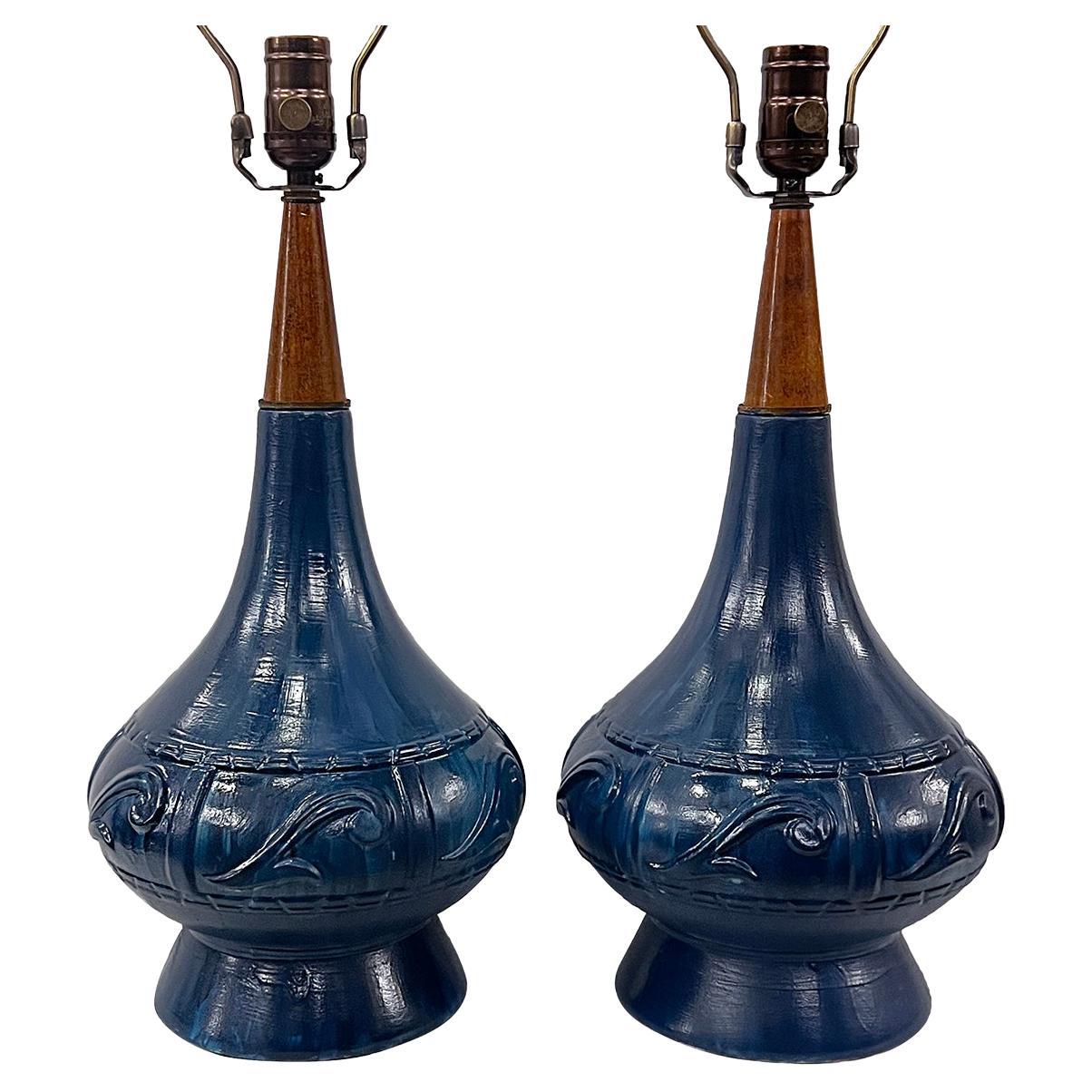 Pair of Blue Ceramic Table Lamps For Sale