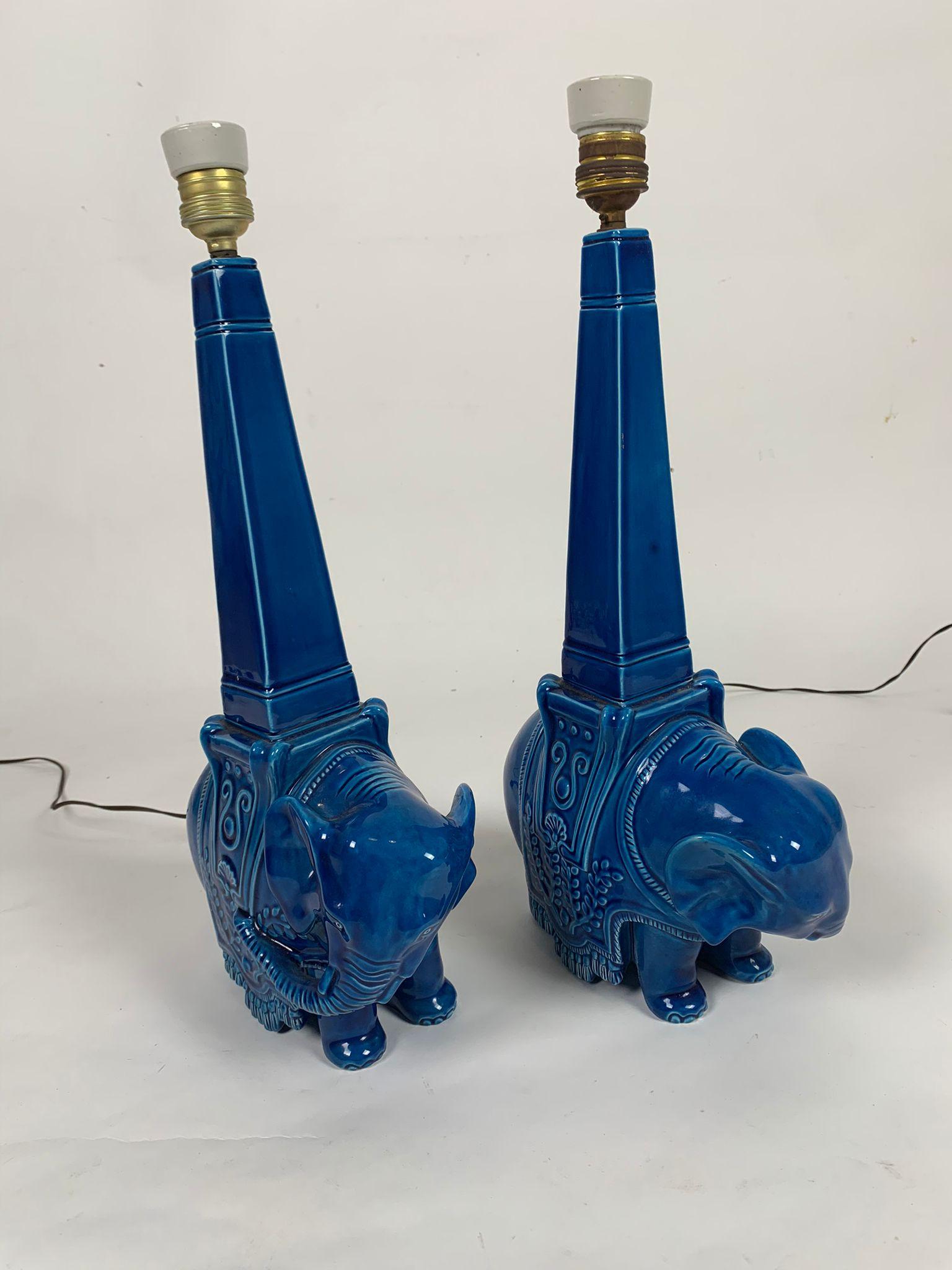 Mid-20th Century Pair of blue ceramic table lamps representing elephants, Italy, 1960s For Sale